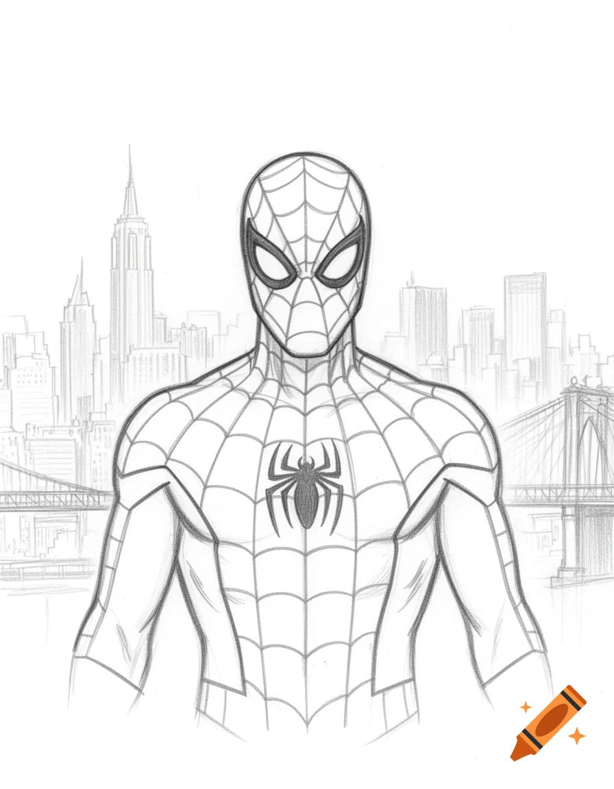 Pencil sketch of Spider-Man's head and torso, front view, against a New York City skyline, in comic art style.