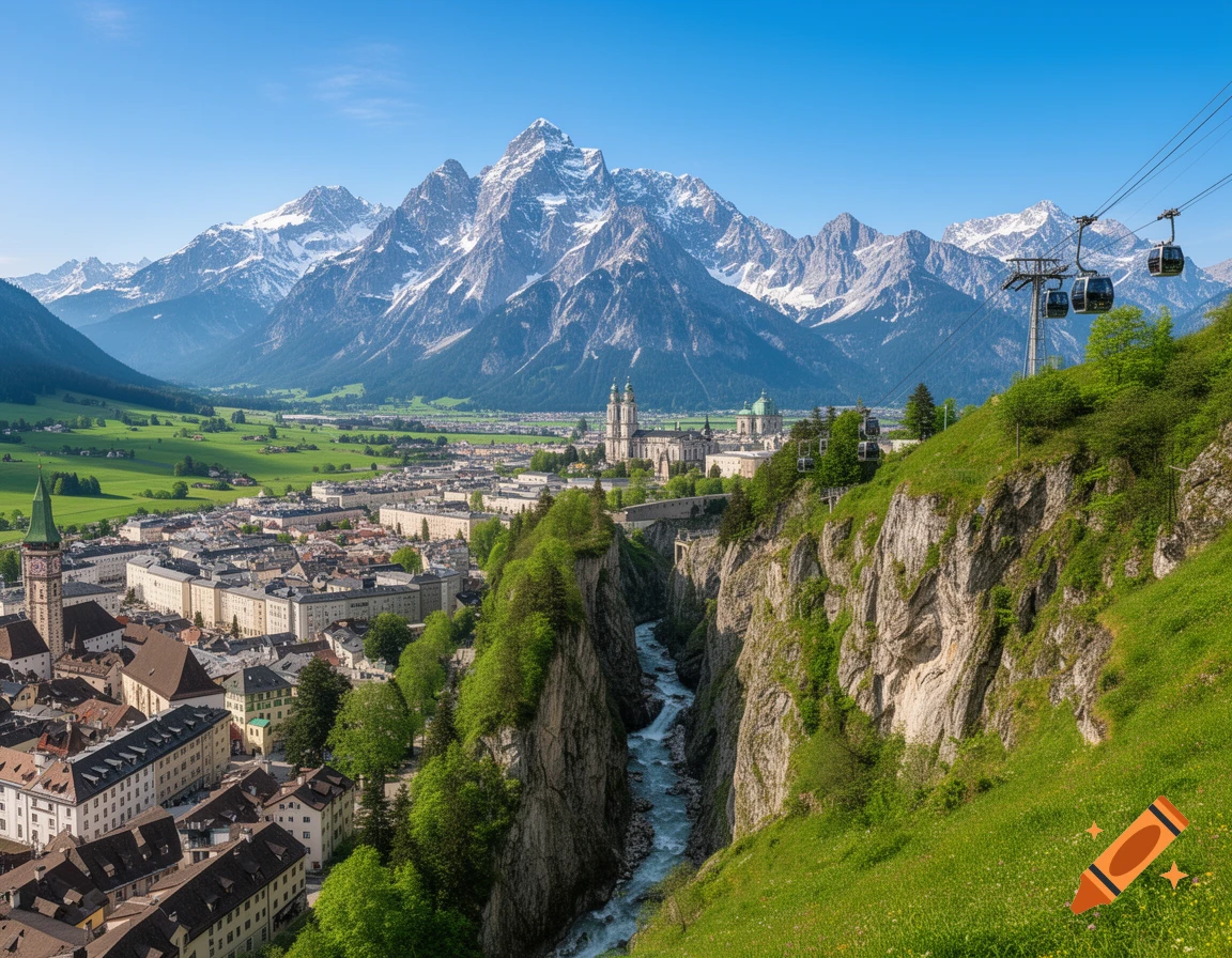 Panoramic view of a town in a valley with a river gorge, lush hills, cable cars, and majestic snow-capped mountains under a clear sky.