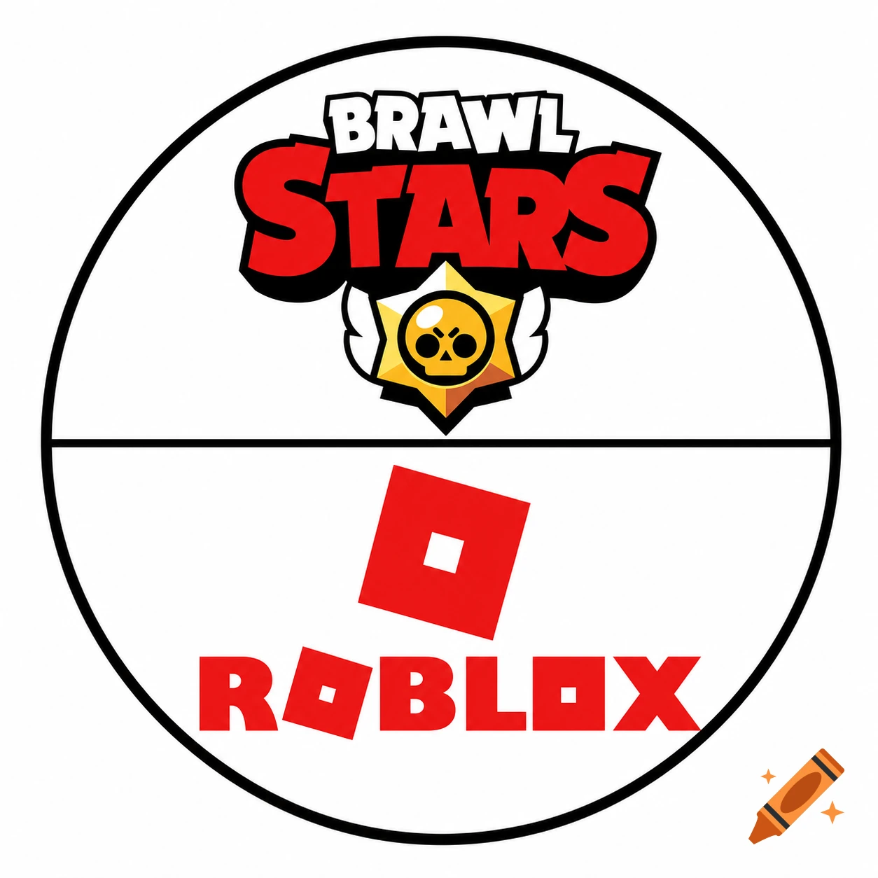 A white circle divided by a black line, featuring the Brawl Stars logo on top and the Roblox logo on the bottom.