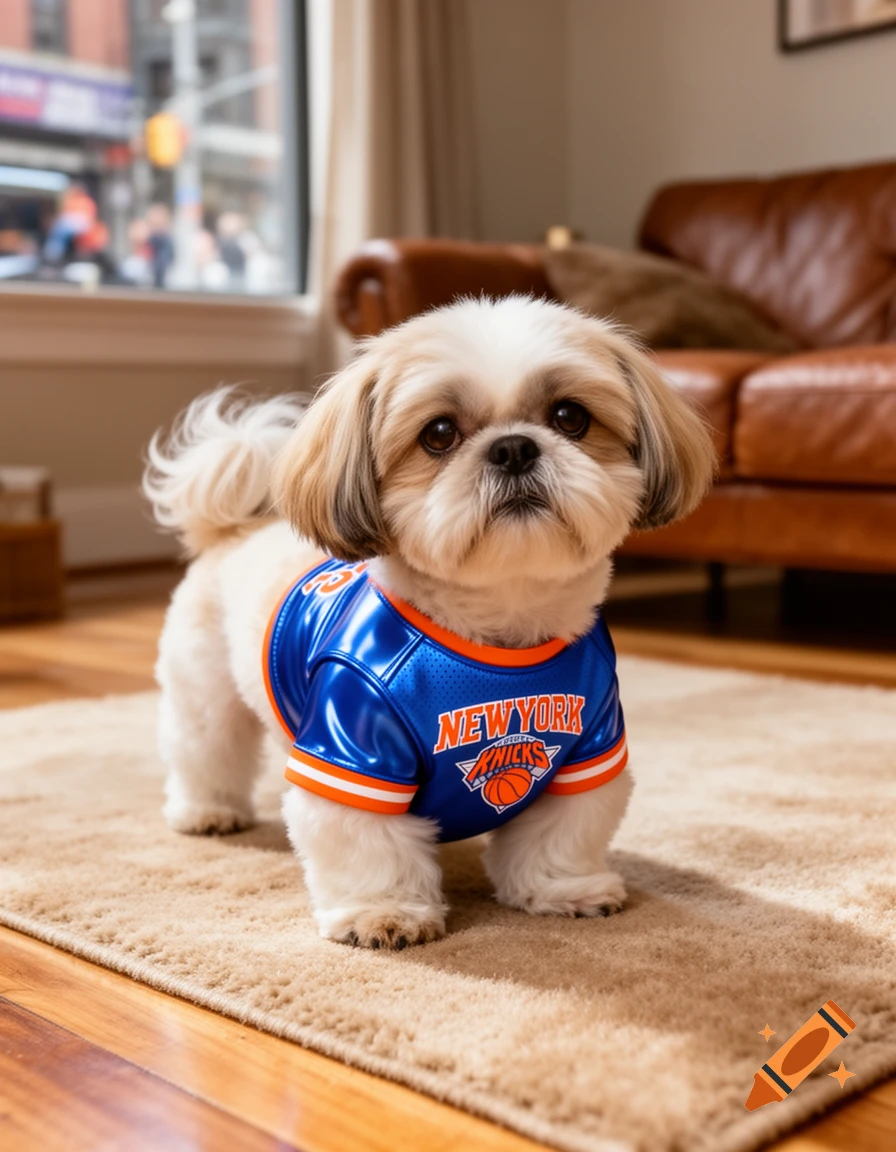 A fluffy Shih Tzu dog wearing a blue New York Knicks jersey stands on a rug in a sunlit room, looking forward.