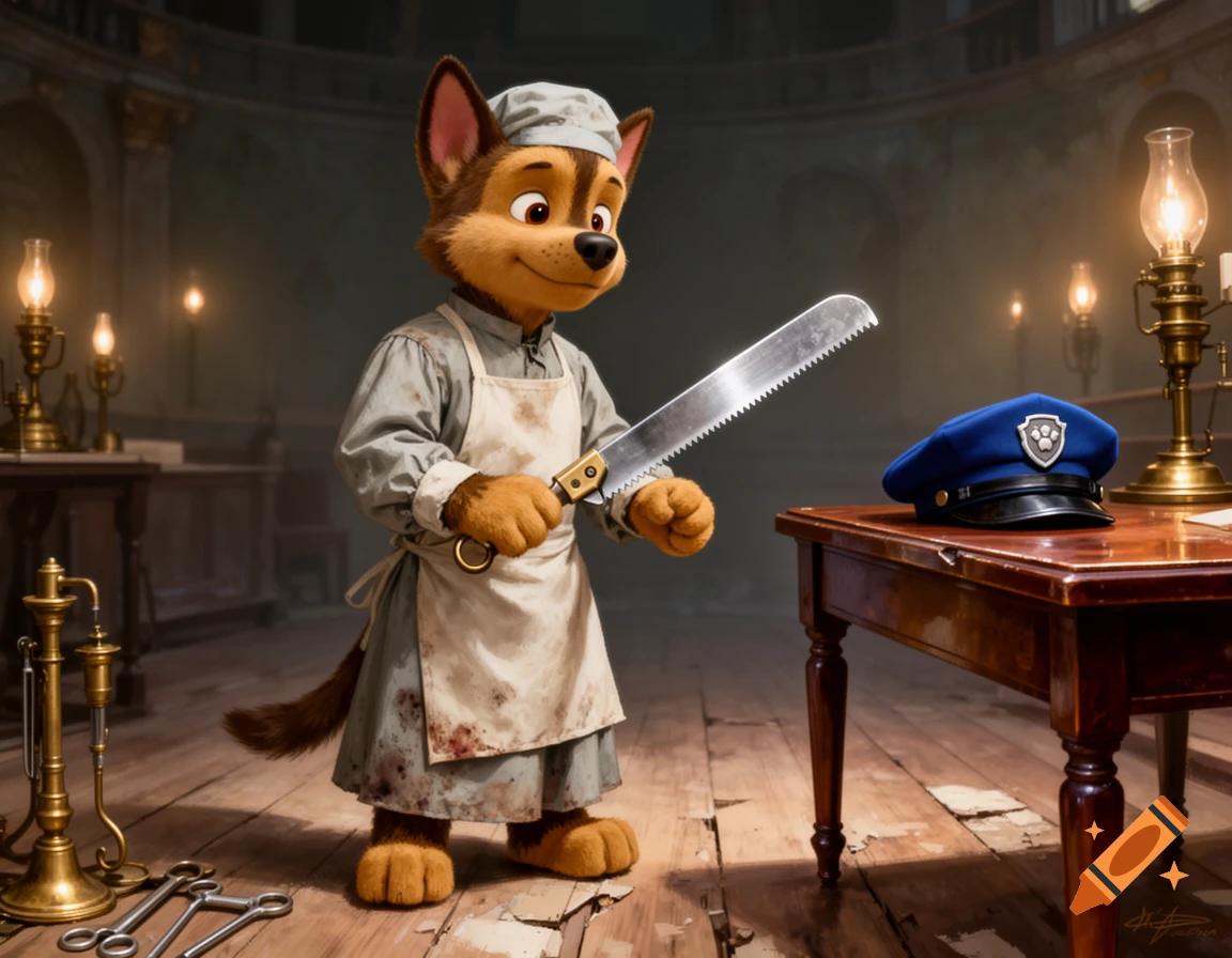 Chase from Paw Patrol is depicted as an old-fashioned surgeon, wearing an apron with red stains and holding a large amputation saw. A police hat rests on a wooden table beside him in a dimly lit, ornate room.