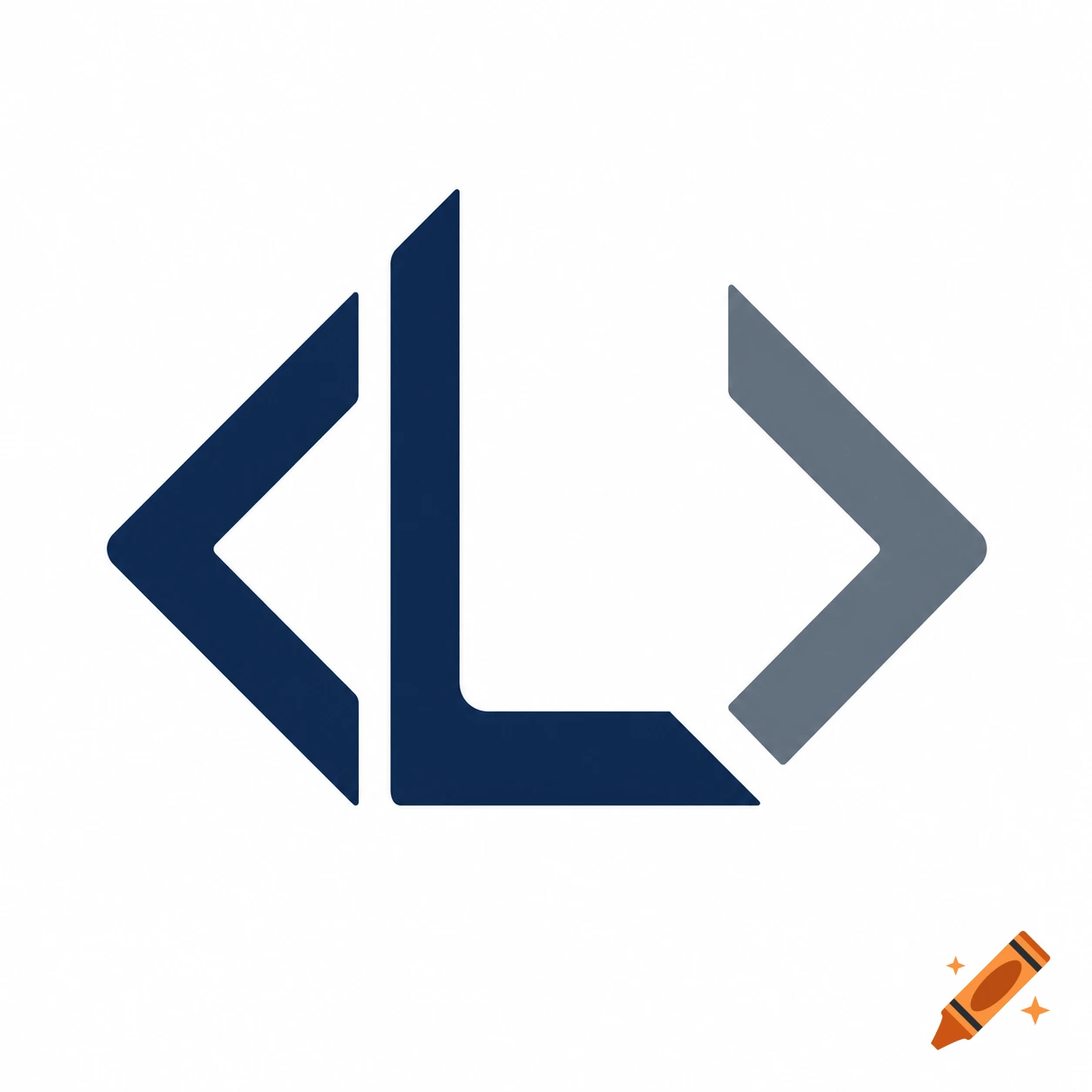 A minimalist geometric logo of a navy blue letter L between a navy blue left coding bracket and a slate grey right coding bracket.