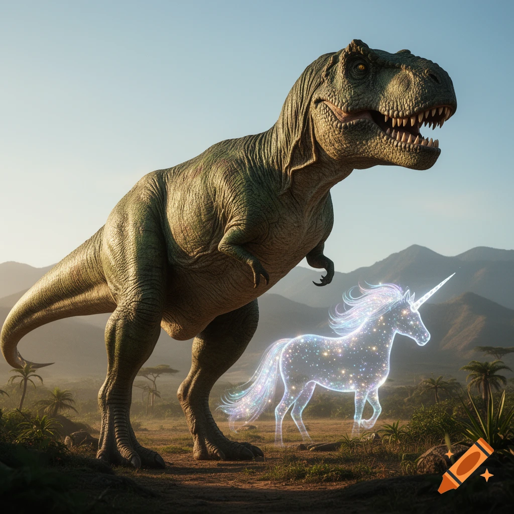 A large, realistic T-Rex stands next to a sparkling, translucent unicorn in a prehistoric landscape.