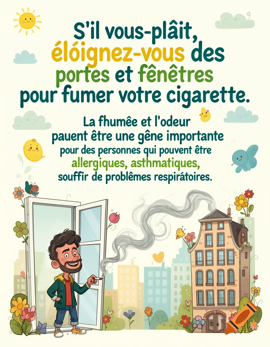 A cartoon poster shows a man smoking near an open window, with French text advising against it for health reasons.