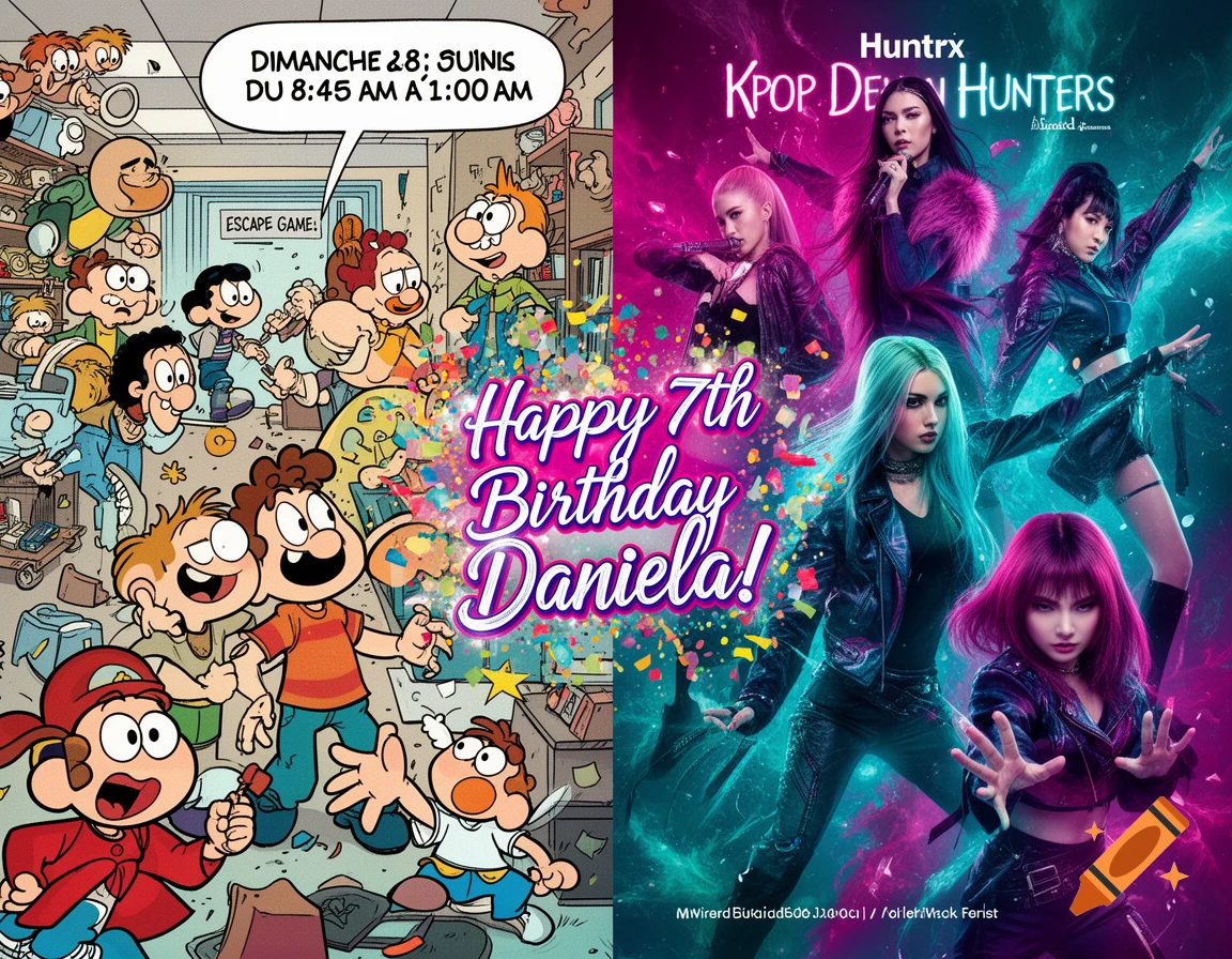 A split image invitation for a 7th birthday. The left side is a cartoon illustration of children in an "Escape Game" room. The right side features K-pop artists with neon lighting and confetti, with "Happy 7th Birthday Daniela!" in the center.