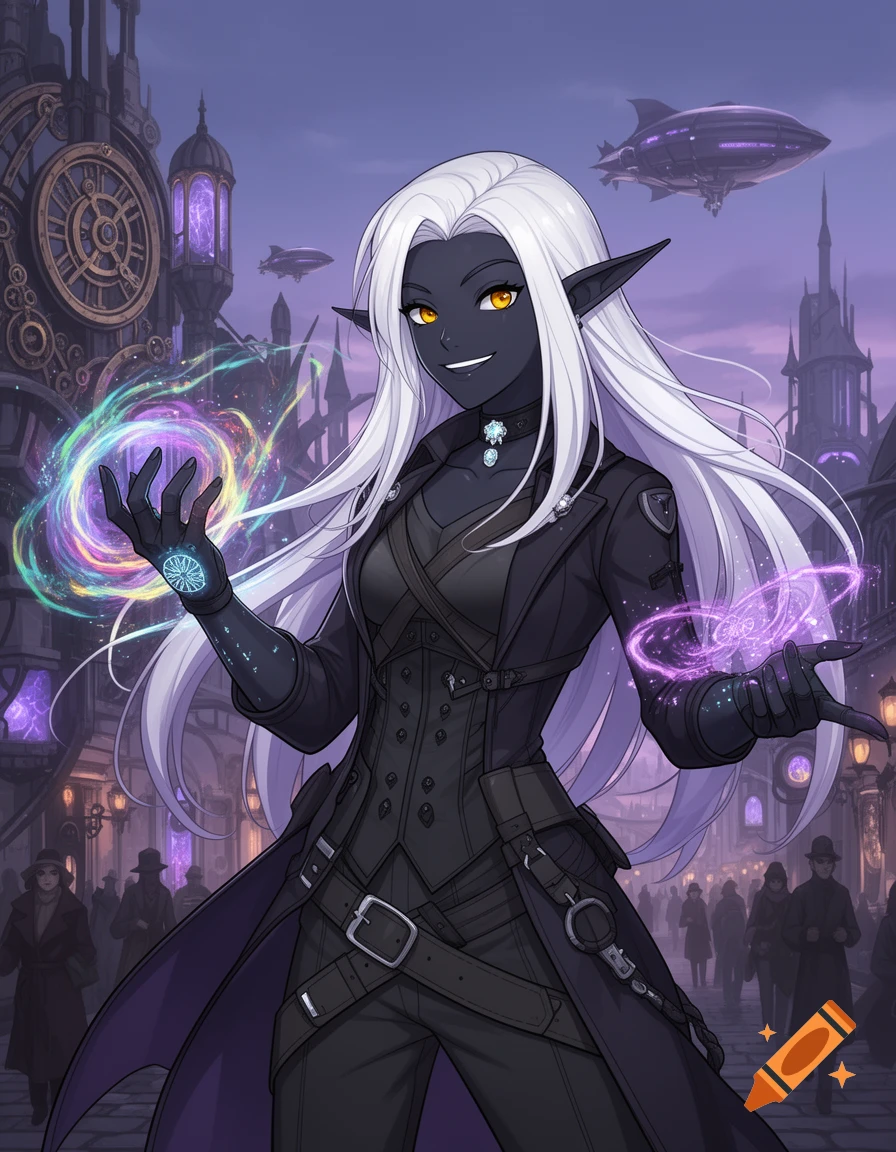 An anime-style Drow elf sorcerer with white hair and obsidian skin smirks, casting colorful elemental magic in an urban fantasy city.