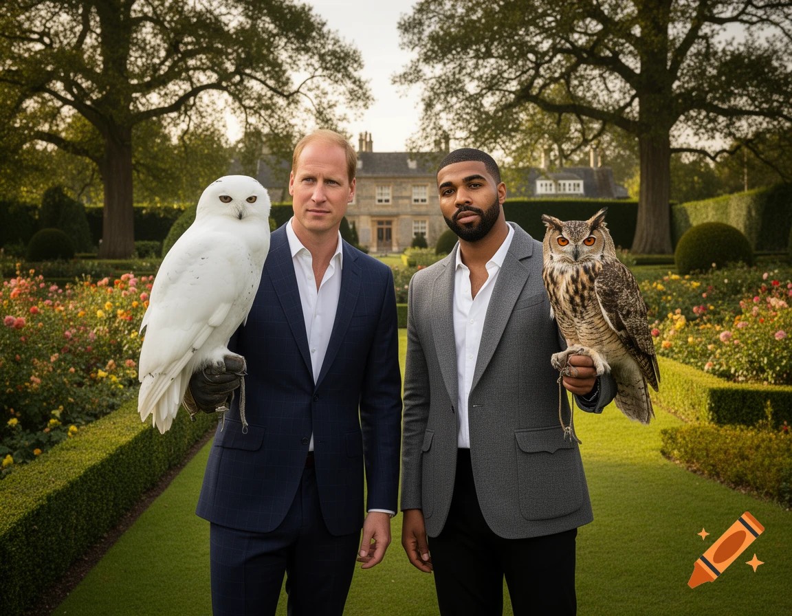 Prince William and a bearded man stand in a lush garden, each holding an owl, with a large house in the background.