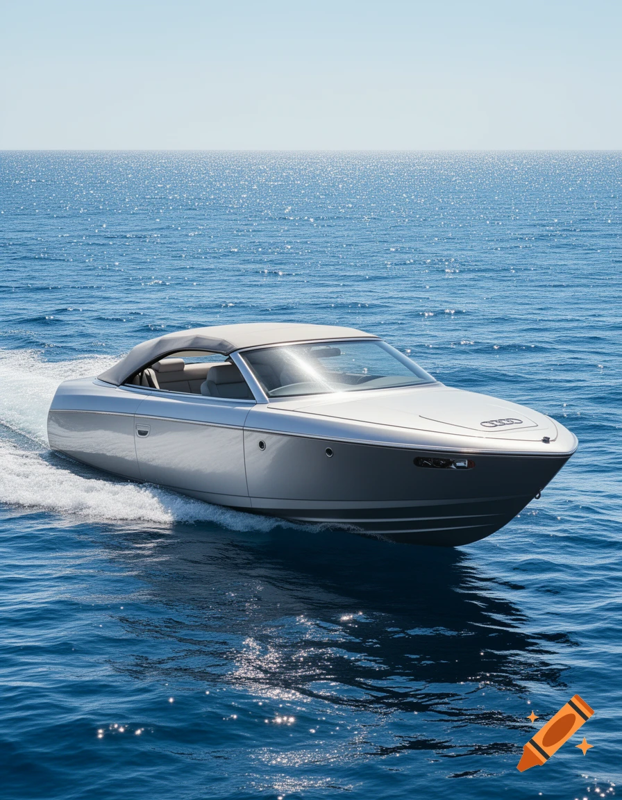 A grey and silver car-like speedboat with a beige convertible top glides across a sparkling blue ocean under a clear sky.