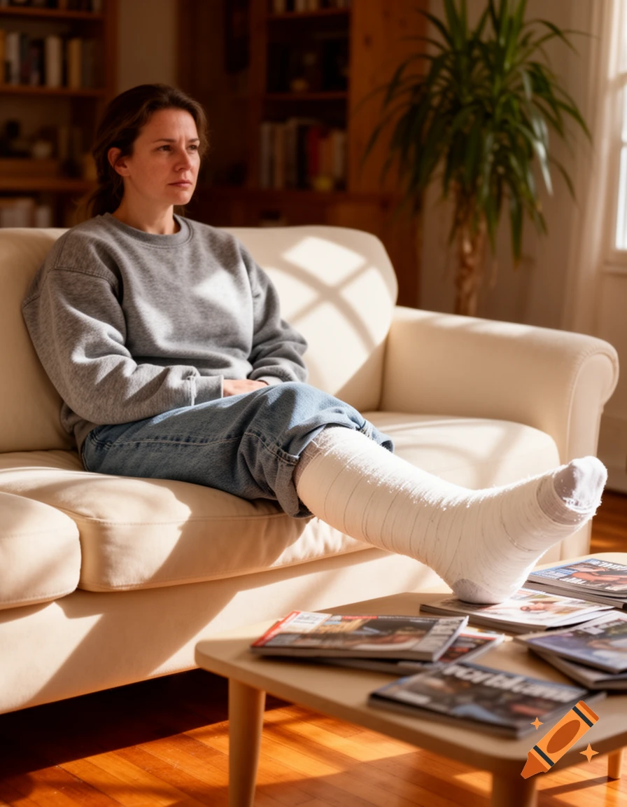 A woman with a leg cast sits on a sofa in a sunlit living room.