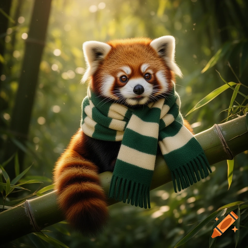 A cute red panda wearing a green and cream striped scarf sits on a bamboo branch in a sunny, green forest.
