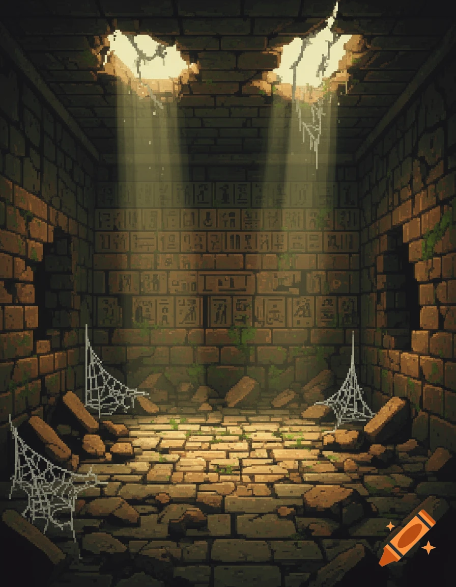 Pixel art of a dilapidated pyramid interior, featuring broken brick walls with hieroglyphs, scattered stones, and light rays from the ceiling.