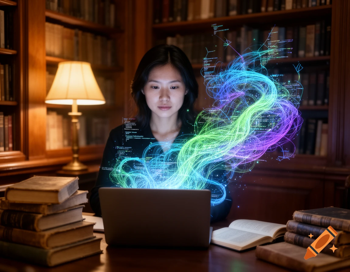 A woman in a library looks at a laptop with glowing, colorful lines and data flowing from it, representing abstract logic.