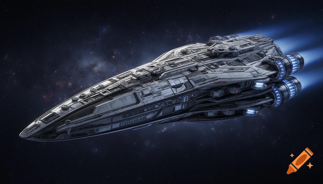 A highly detailed, hyper-realistic futuristic spacecraft with glowing blue engines flies through deep space with stars and nebulae.