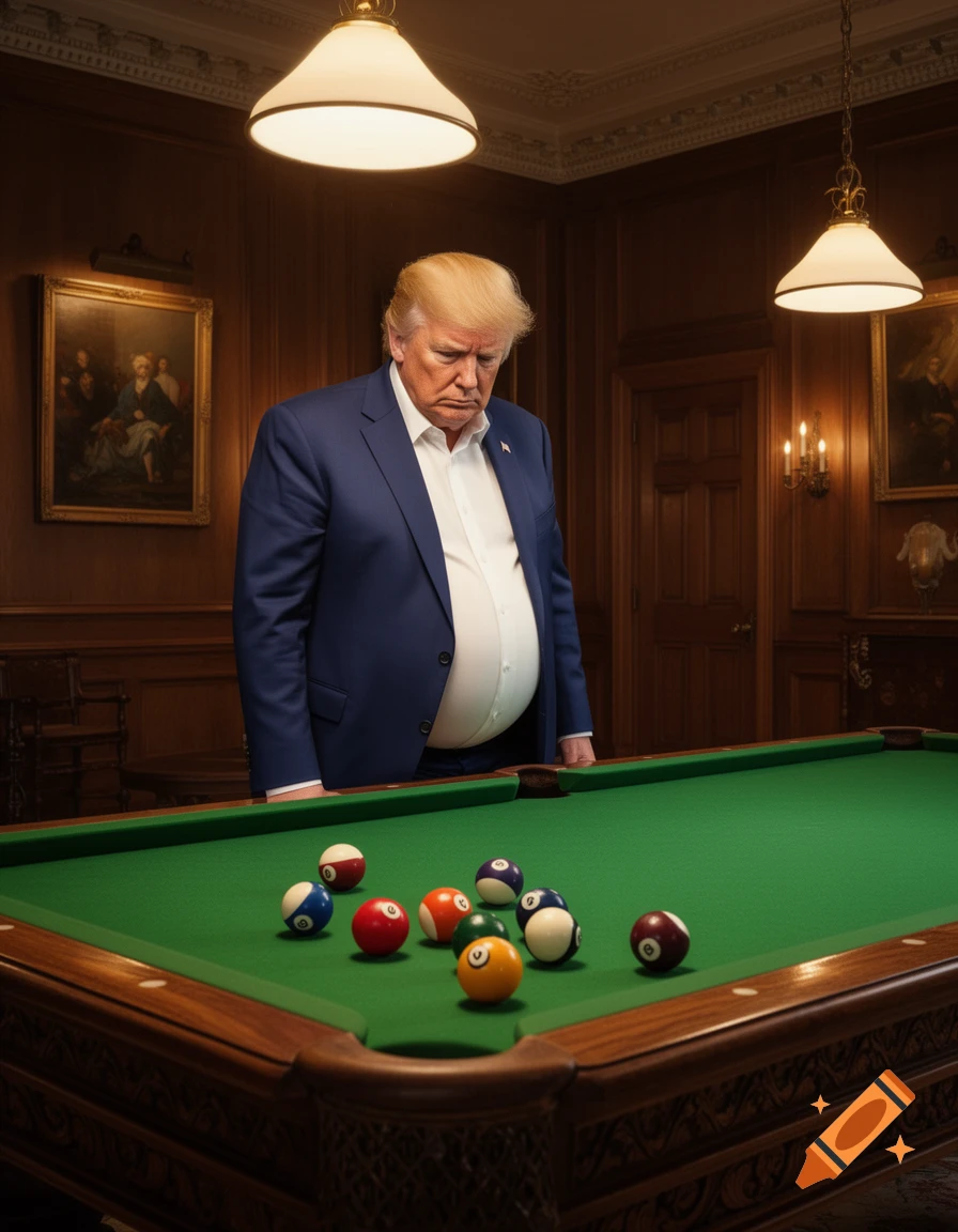 Photorealistic image of Donald Trump with a large belly, standing over a pool table with billiards balls in a richly decorated, wood-paneled room.