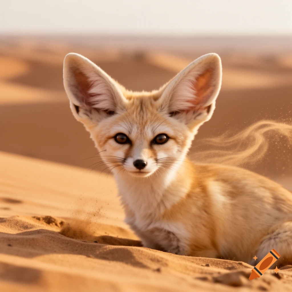 A photorealistic close-up of a fennec fox with large ears sitting in a sandy desert, looking directly at the viewer.