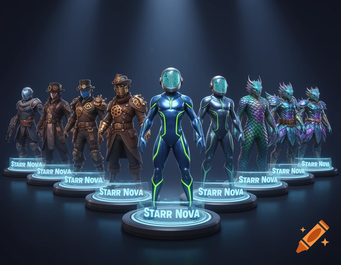 A lineup of diverse character skins, including futuristic, steampunk, and dragon-like designs, on glowing platforms labeled "STARR NOVA".