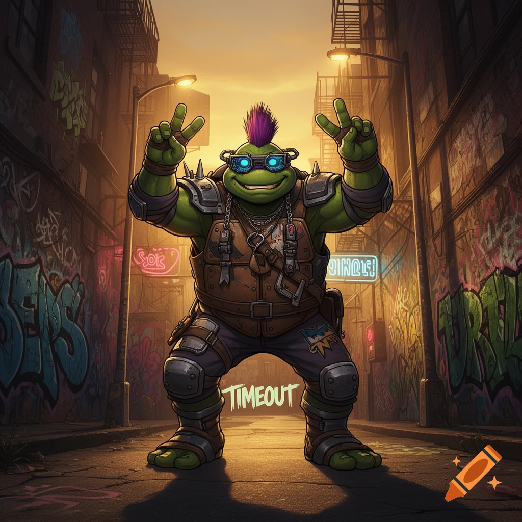 A punk rock turtle character with a mohawk and glowing blue goggles makes a peace sign in a graffiti-filled alley at sunset.