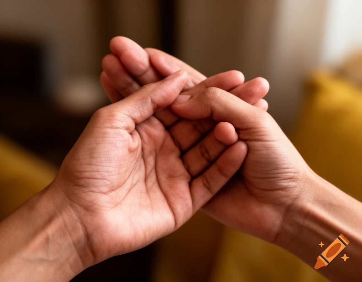 Close-up photorealistic shot of two intertwined hands with dark skin tones against a soft, warm background.