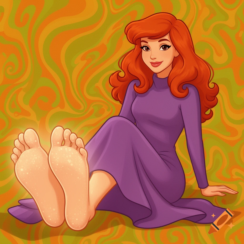 Cartoon Daphne Blake from Scooby-Doo, wearing a purple dress, sits and shows the soles of her bare feet on a psychedelic orange and green background.