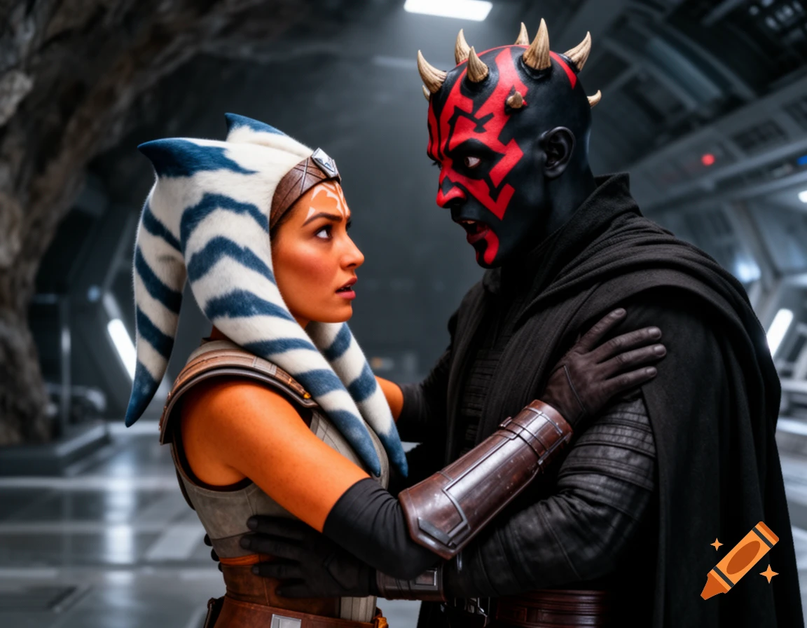 Ahsoka Tano and Darth Maul in a tense, photorealistic embrace within a sci-fi setting.