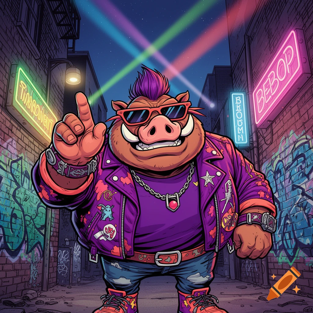 Bebop, a cartoon warthog with a purple mohawk, sunglasses, and a purple jacket, makes a timeout sign in a neon-lit alley.
