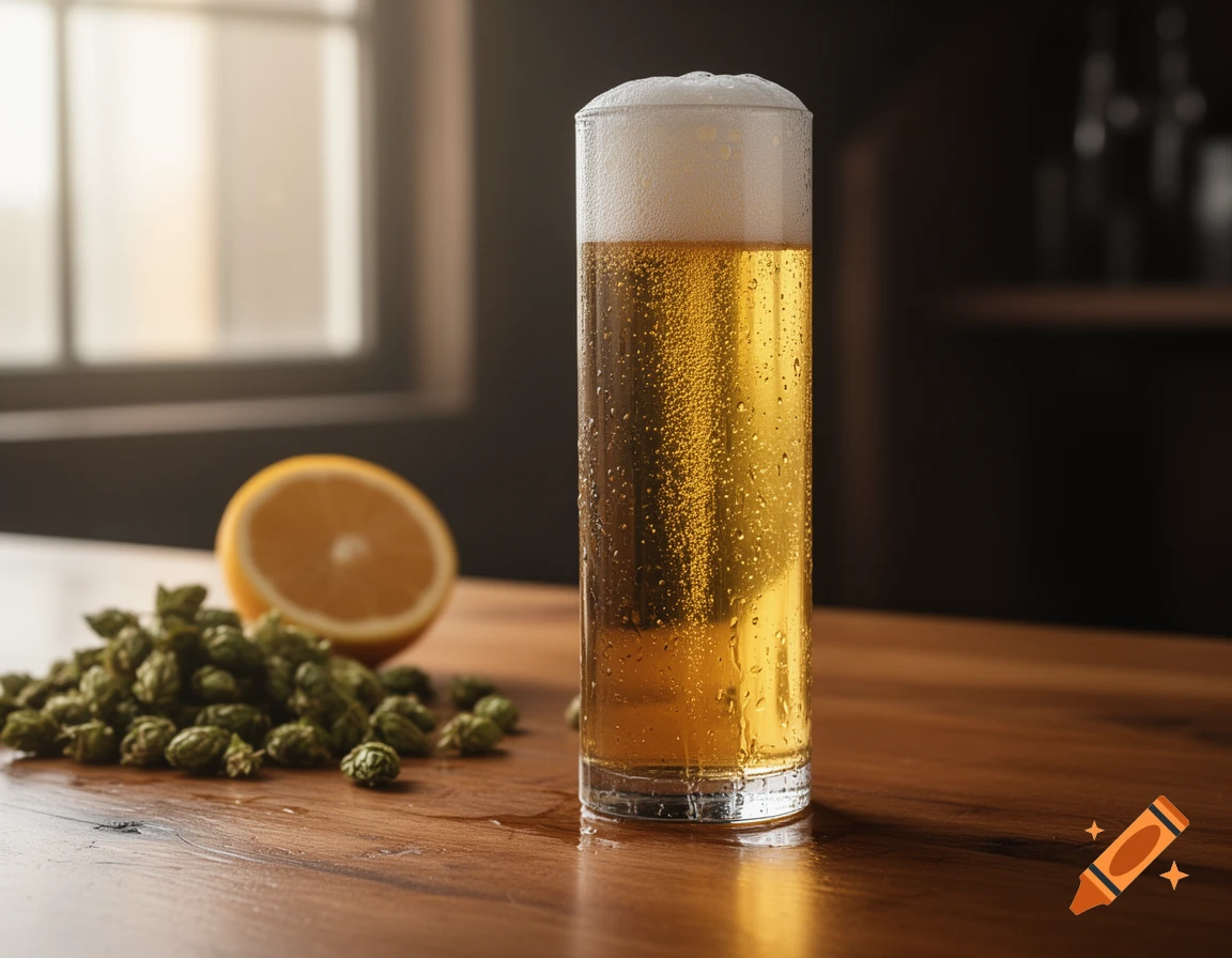 A clear glass of golden beer with foam and condensation on a wooden table, next to green hops and an orange slice.