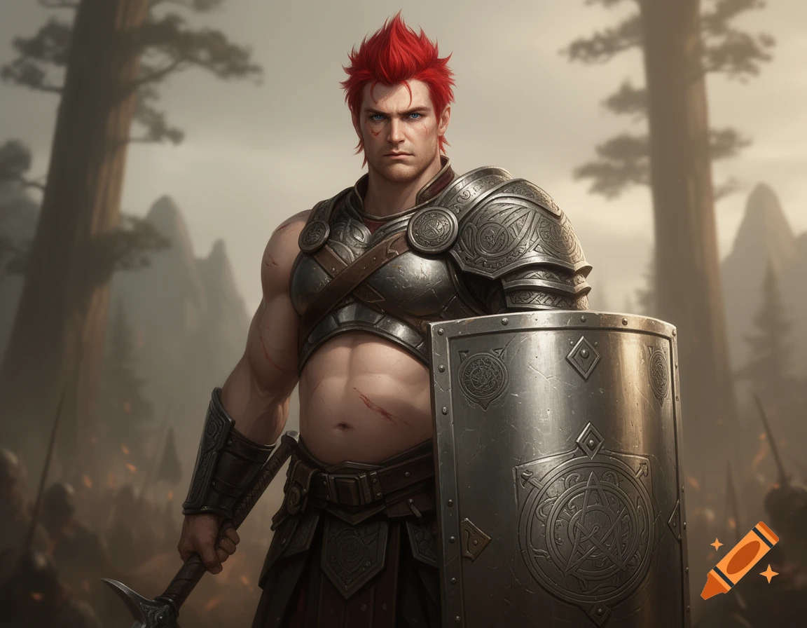 Muscular, red-haired warrior in ornate armor holding a large metal shield and weapon in a misty forest.