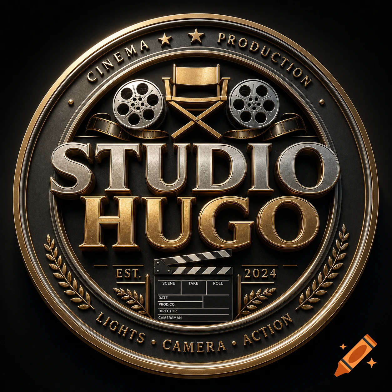 Circular metallic 3D emblem for 'Studio Hugo' with film reels, director's chair, and clapperboard.