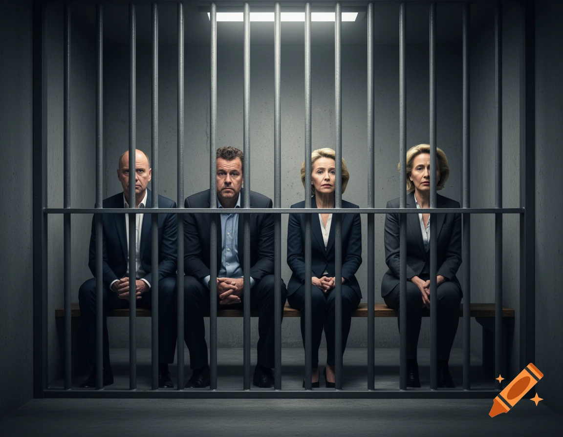 Four dejected individuals in business suits sit behind prison bars in a dimly lit cell, photorealistic.