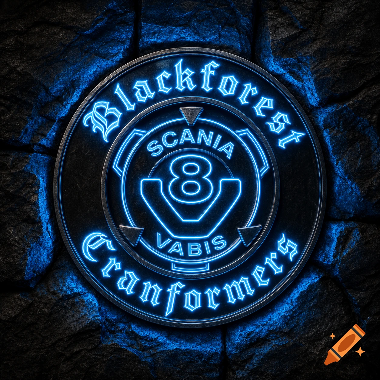 A photorealistic 3D emblem logo, shaped like a circular Scania Vabis truck badge, with 'Blackforest Cranformers' in blue neon on the outer ring. The center displays 'SCANIA V8 VABIS' in matching blue neon. It's mounted on a dark, rough black stone wall with blue reflections.