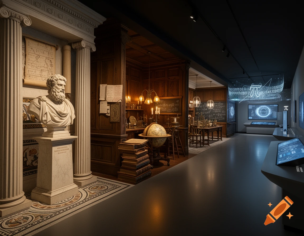 A museum hall blending classical and modern exhibits about the history of Pi, featuring a marble bust, old books, a globe, and digital displays.