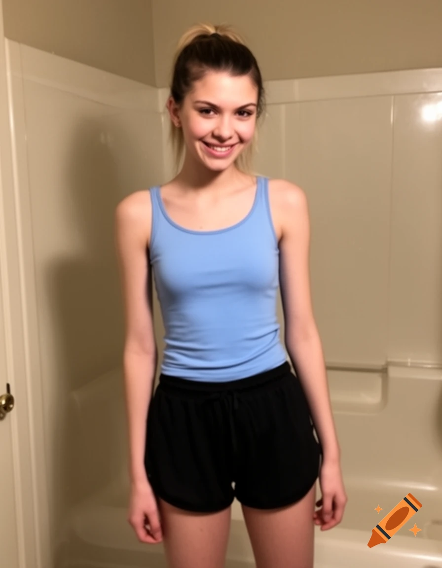 A smiling young woman with a high ponytail, wearing a light blue tank top and black shorts, stands in a bathroom.