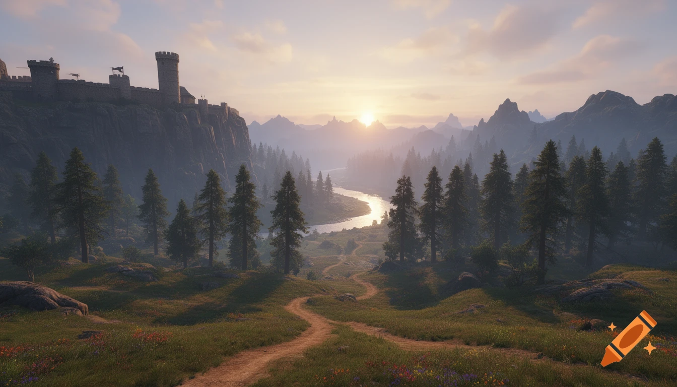A scenic landscape featuring a medieval castle on a cliff, a winding river, dense pine forests, and distant mountains under a sunset sky.