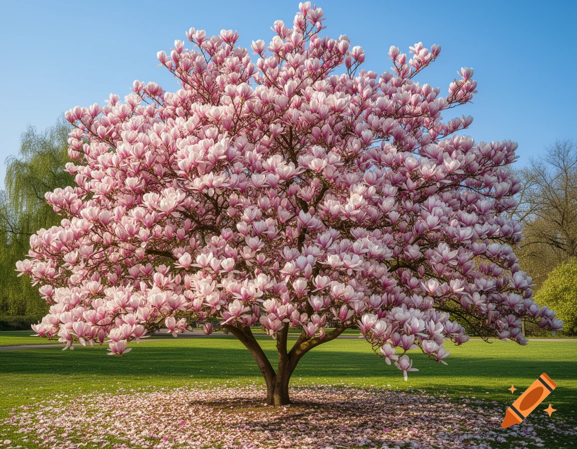A vibrant pink magnolia tree in full bloom stands in a grassy park, with fallen petals around its base under a clear blue sky.