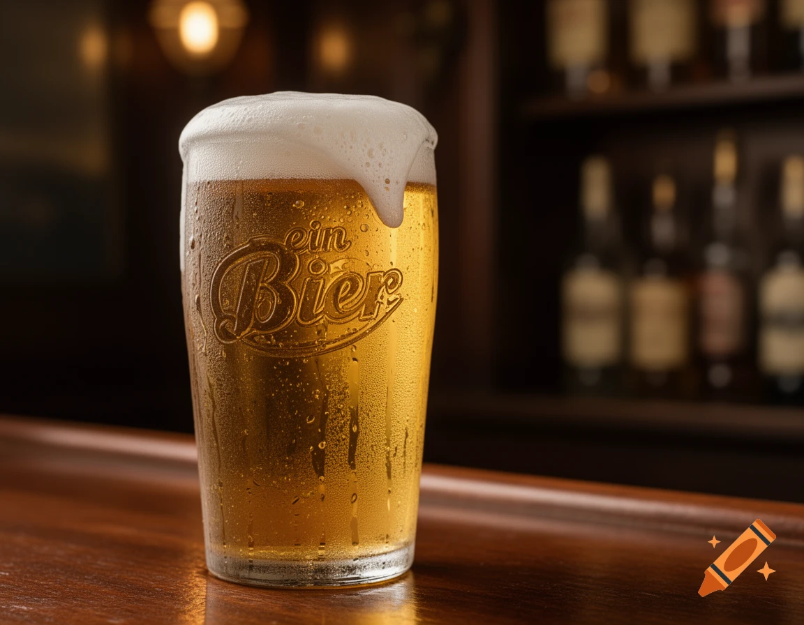 Close-up of a condensation-covered glass of golden beer with foamy head on a wooden bar counter.