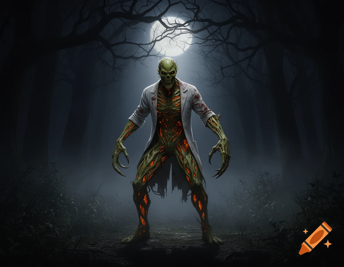 A monstrous green-skinned creature with glowing orange veins and a torn lab coat stands in a dark, foggy forest under a full moon.