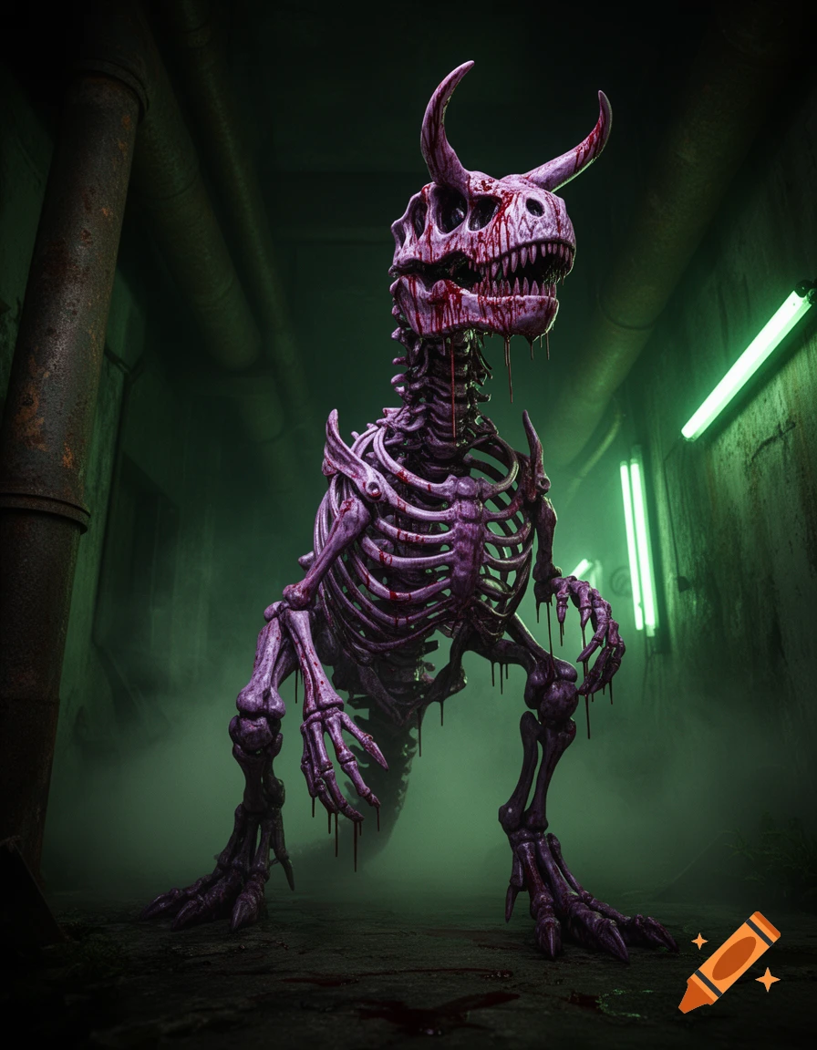 A bloody purple skeletal dinosaur with horns stands in a dark, misty industrial environment illuminated by green neon lights.