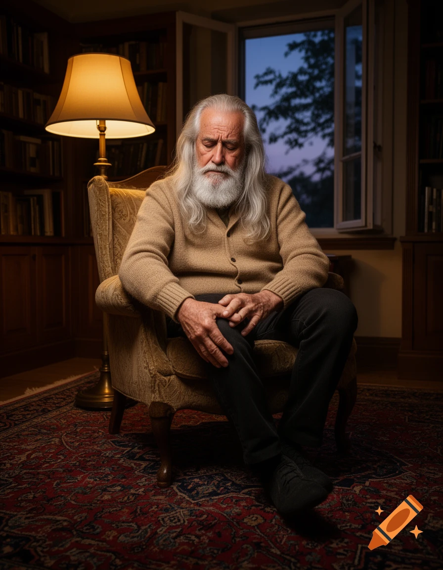 Elderly man with long white hair and beard sits pensively in an armchair in a library, illuminated by a lamp.