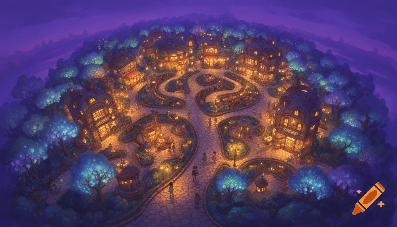Aerial view of a fantastical glowing city at night with winding streets, illuminated shops, glowing trees, and tiny figures, in a painterly style.