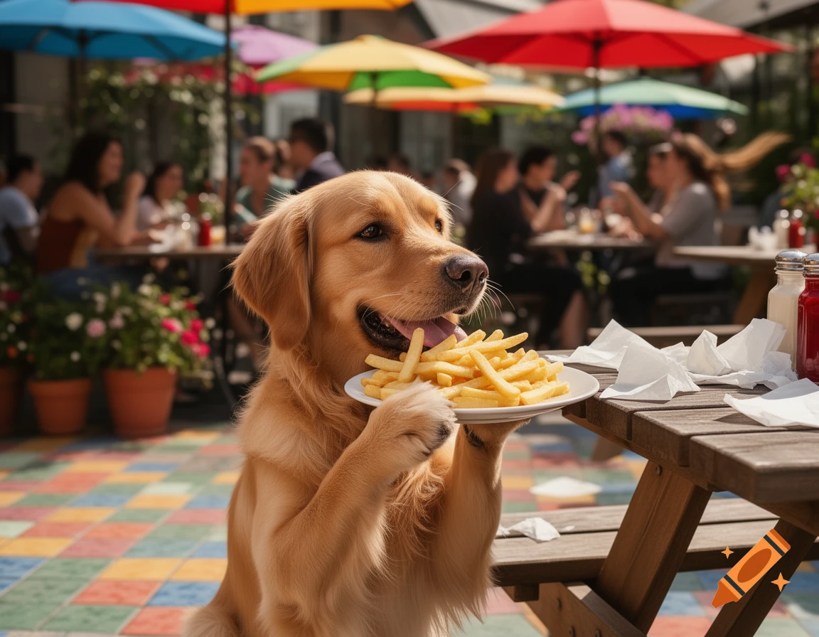 A Golden Retriever sits at an outdoor cafe table, holding a plate of french fries with its paws.