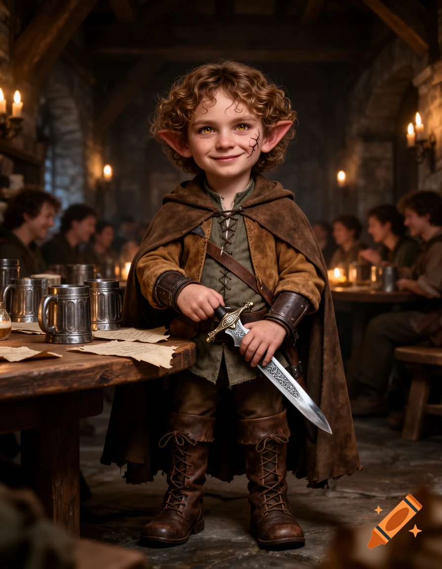 A young halfling in a brown cloak and boots, holding a dagger, smiles in a candlelit medieval tavern.