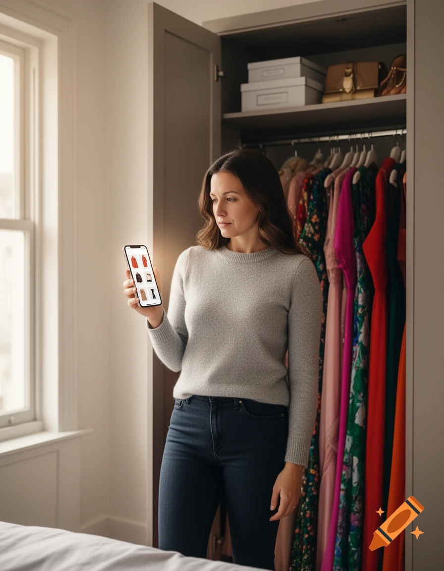 A woman stands in front of an open closet filled with colorful clothes, looking at an outfit selection app on her smartphone.