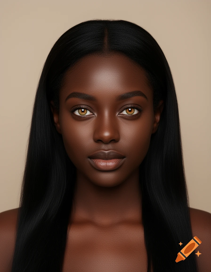 Photorealistic close-up portrait of a young woman with dark skin, long black hair, and hazel eyes against a beige background.