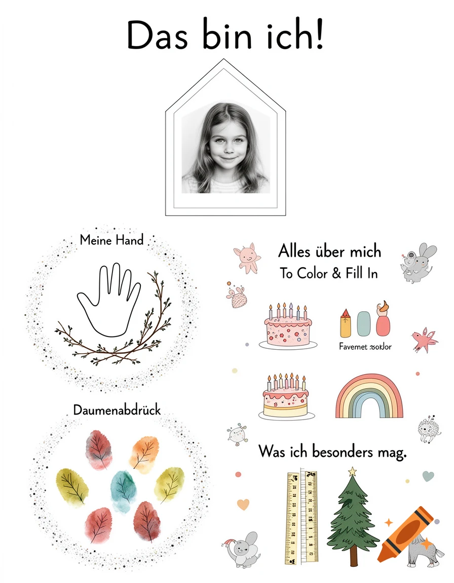 A children's activity sheet with a black and white photo of a girl, a hand outline, colorful fingerprint leaves, cakes, a rainbow, a ruler, and a Christmas tree, with German text.
