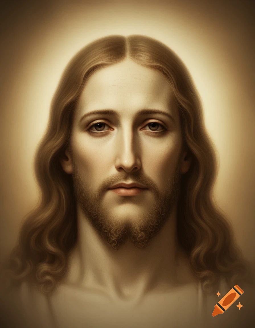 A close-up, photorealistic portrait of Jesus Christ with long brown hair and beard, against a soft, golden-lit background.