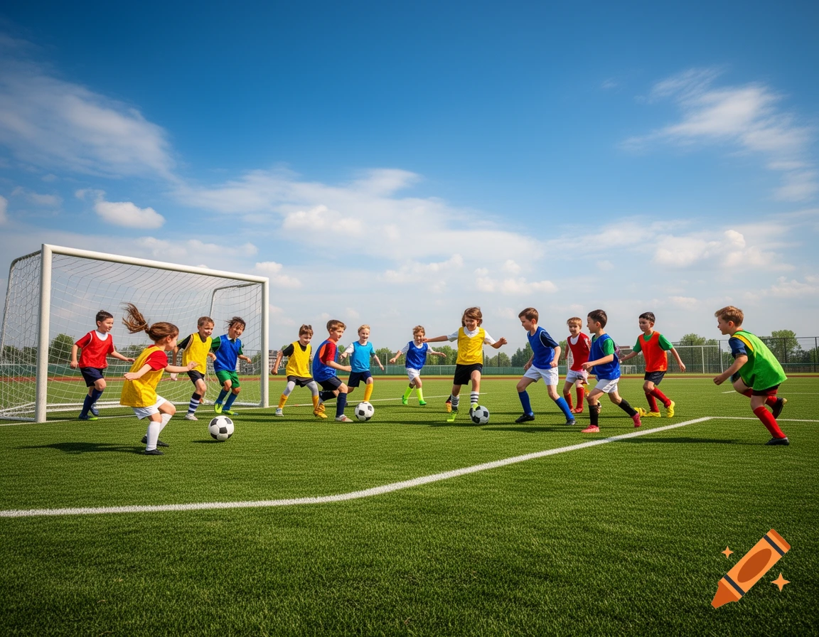 Children joyfully play soccer on a green field under a bright blue sky with a goal post in the background.