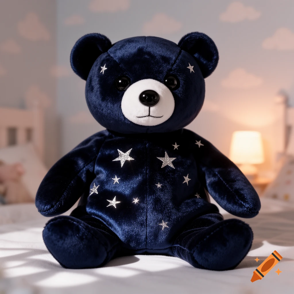 A dark blue teddy bear adorned with silver stars sits on a bed in a softly lit bedroom.