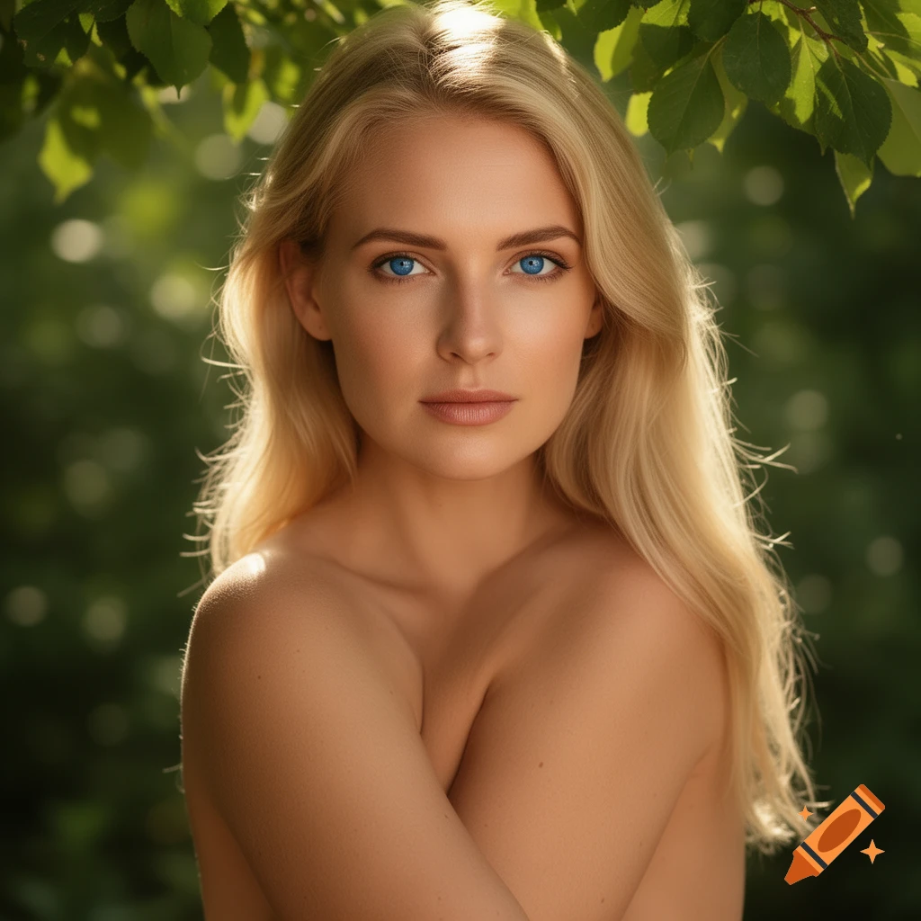 Photorealistic portrait of a blonde woman with striking blue eyes and bare shoulders, looking directly at the viewer, framed by lush green leaves in soft sunlight.