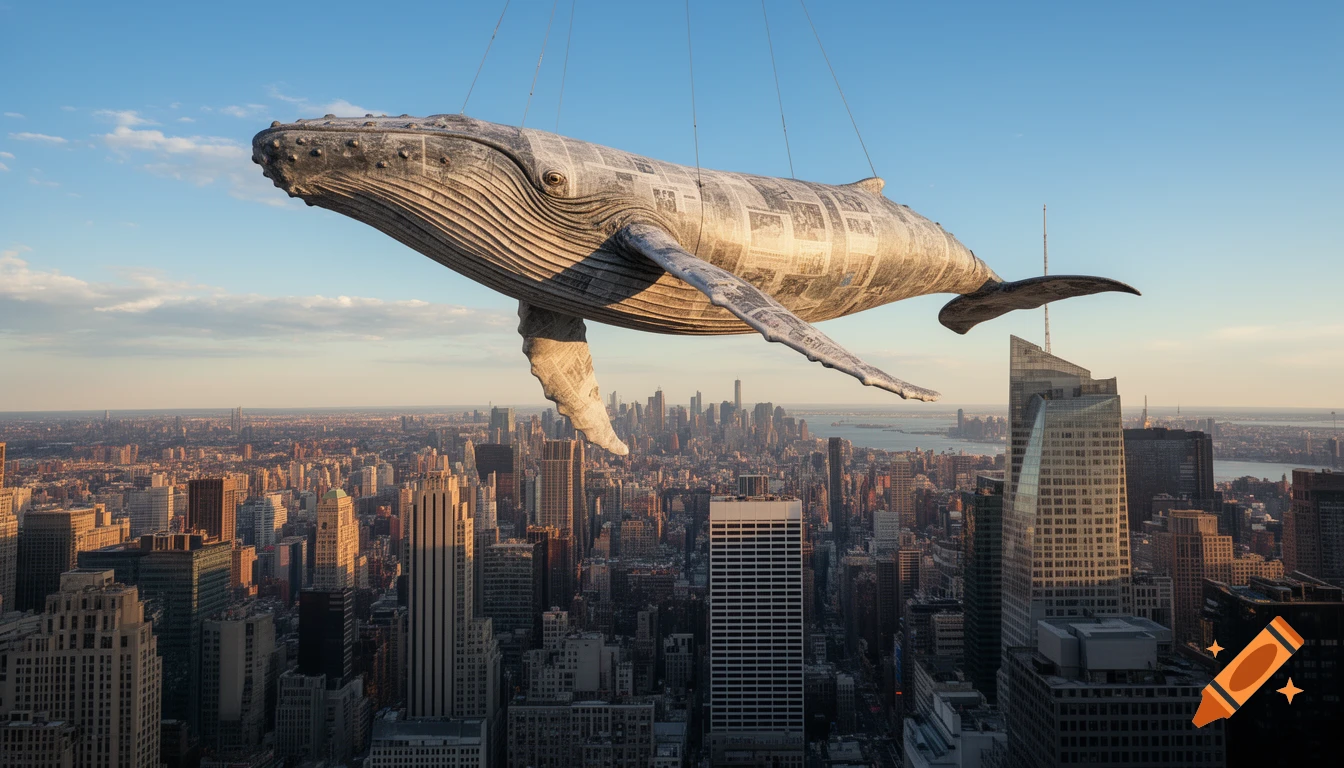 A massive papier-mâché whale, textured with newspaper print, hangs by wires above a sprawling city skyline at golden hour.