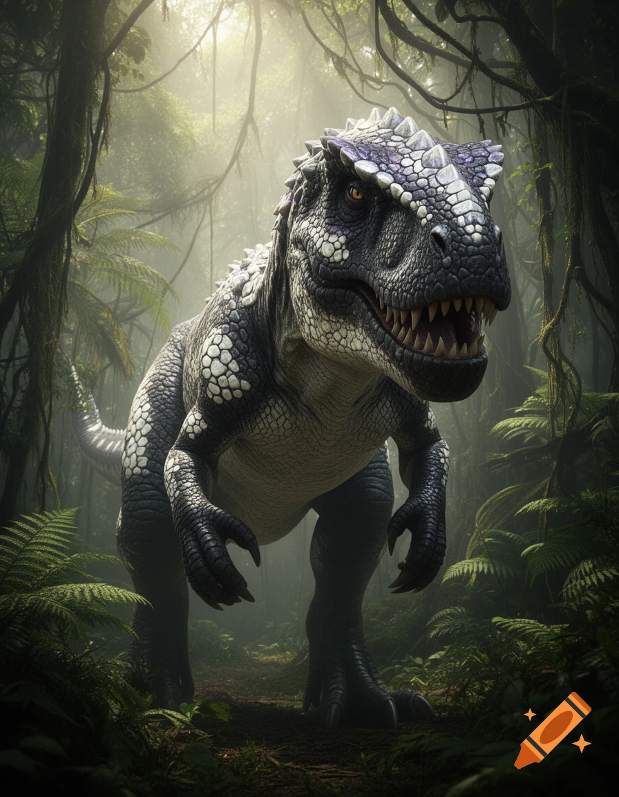 A menacing, scaly dinosaur with a dark grey and white spotted body stands in a misty, lush green jungle.